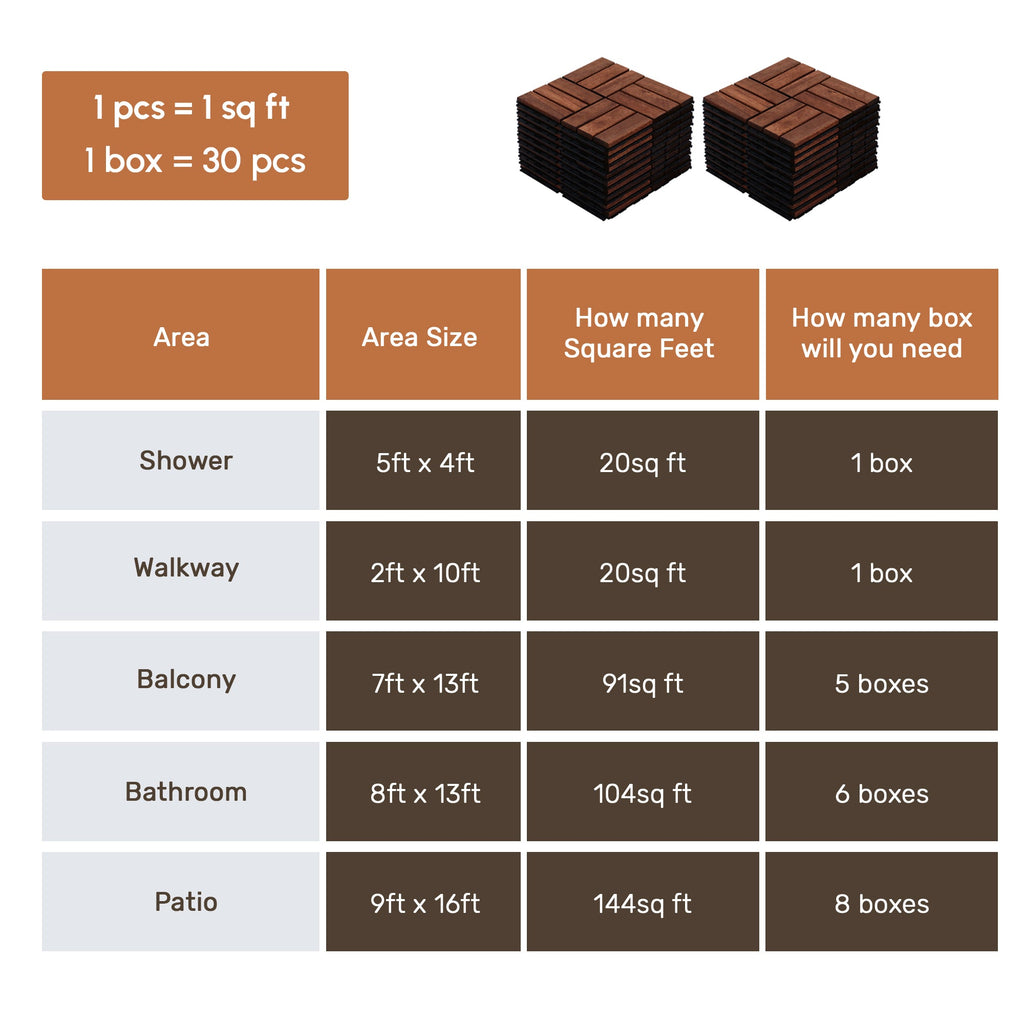 Acacia Wood Interlocking Deck Tiles with Checker Pattern - 20-Piece Set