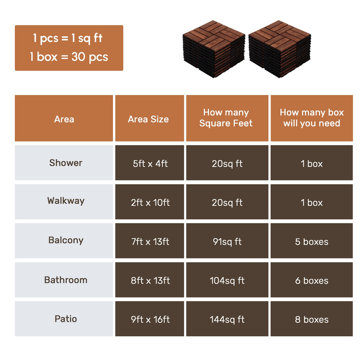 Acacia Wood Interlocking Deck Tiles with Checker Pattern - 20-Piece Set