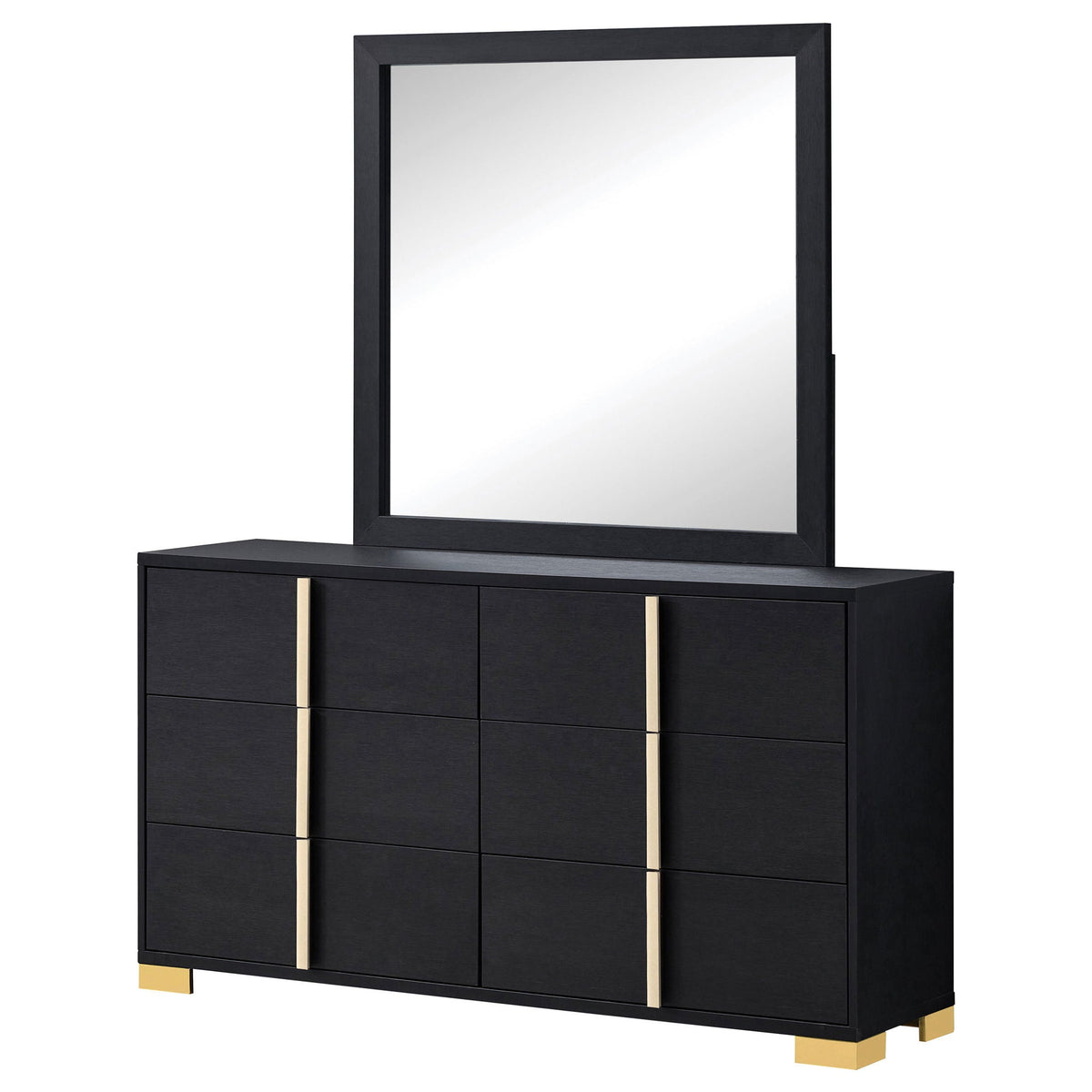 Black 6 Drawer Dresser & Mirror with Gold Accents