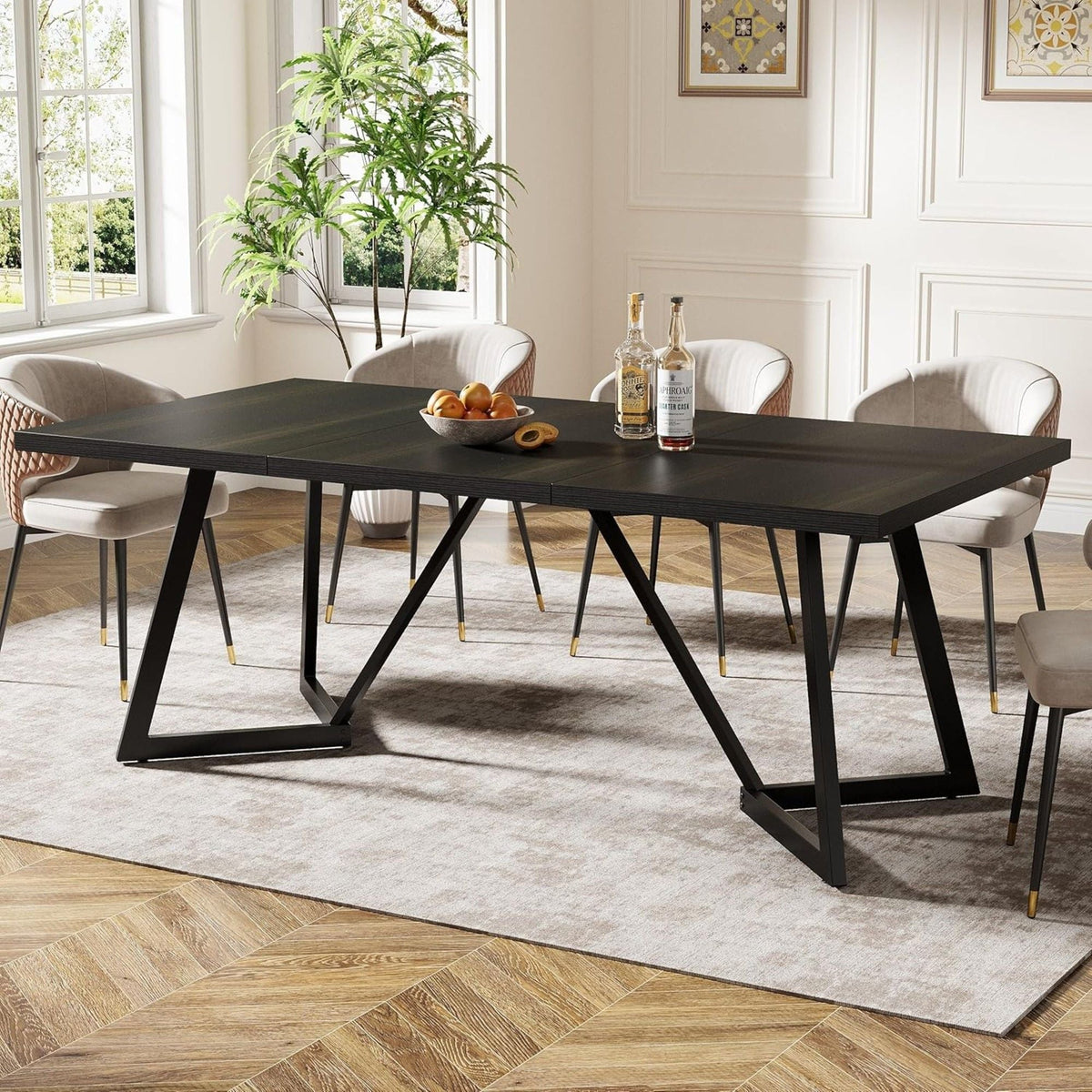Rectangular Dining Table for 6-8 People with Durable Steel Frame - Black