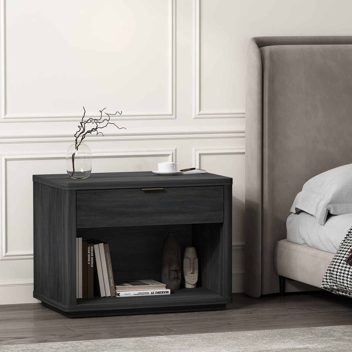 Evelyn Nightstand with 1 Drawer and Open Shelf - Dark Gray, Dark Brown, Light Brown