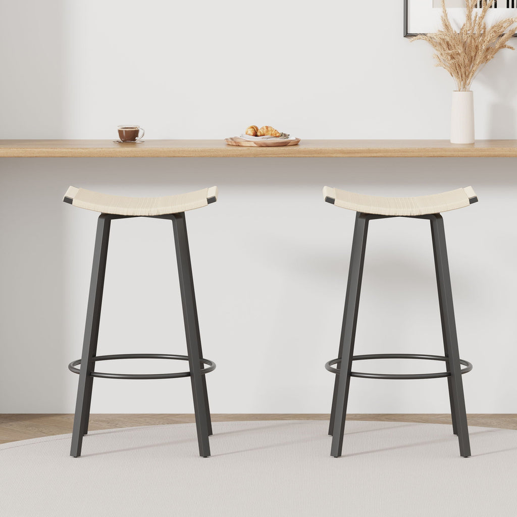 Counter Height Bar Stools Backless Handwoven Set with Round Footrest - Creamy White