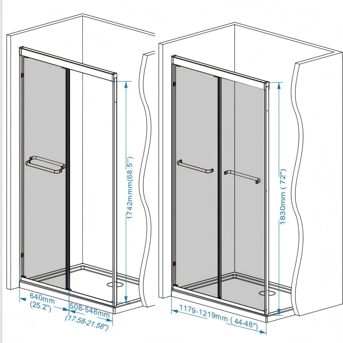 Double Sliding Shower Door with Explosion Proof Film - Black, Gray, or Dark Gray