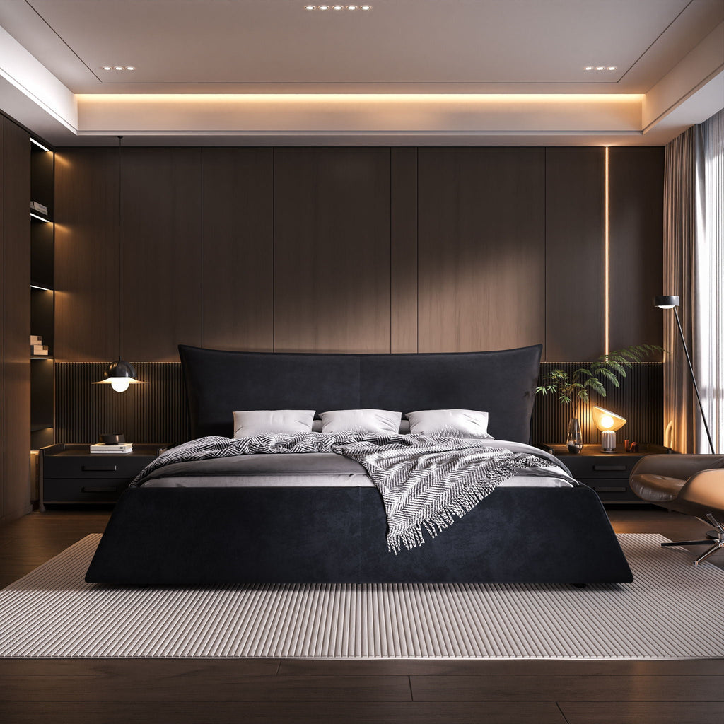 Upholstered Platform Bed with Special Shaped Headboard - Black or Beige