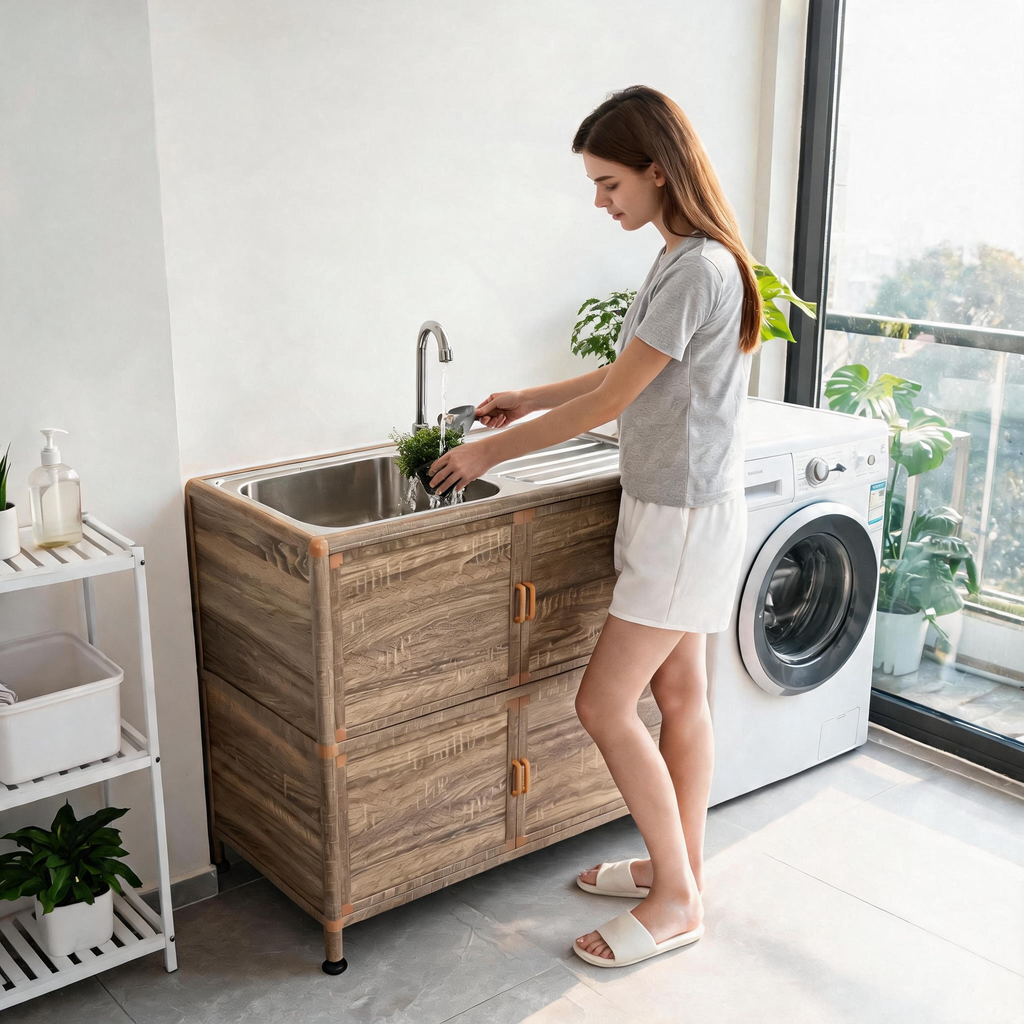 Utility Sink with Cabinet with Lockable Storage - Natural Wood Grain