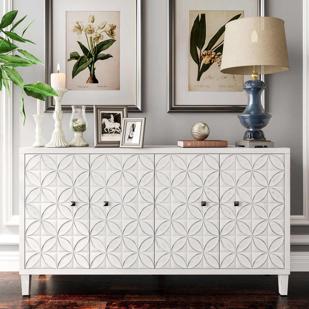 White Wash 4-Door Sideboard Cabinet with Adjustable Shelves