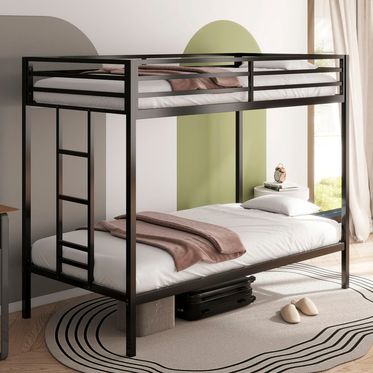 Twin Over Twin Bunk Bed with Safety Guardrails - Black