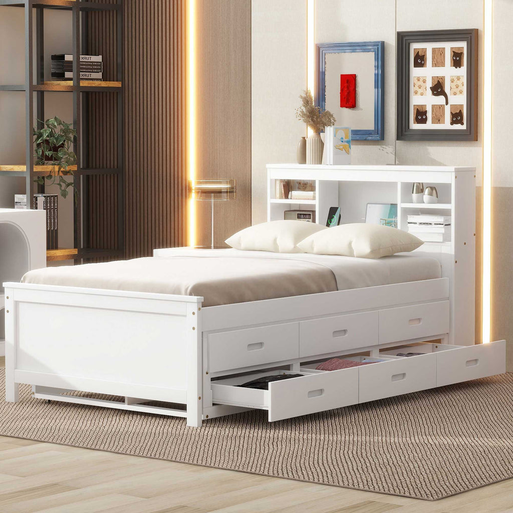 Platform Bed with Storage Headboard, USB, Trundle & 3 Drawers - Twin or Full