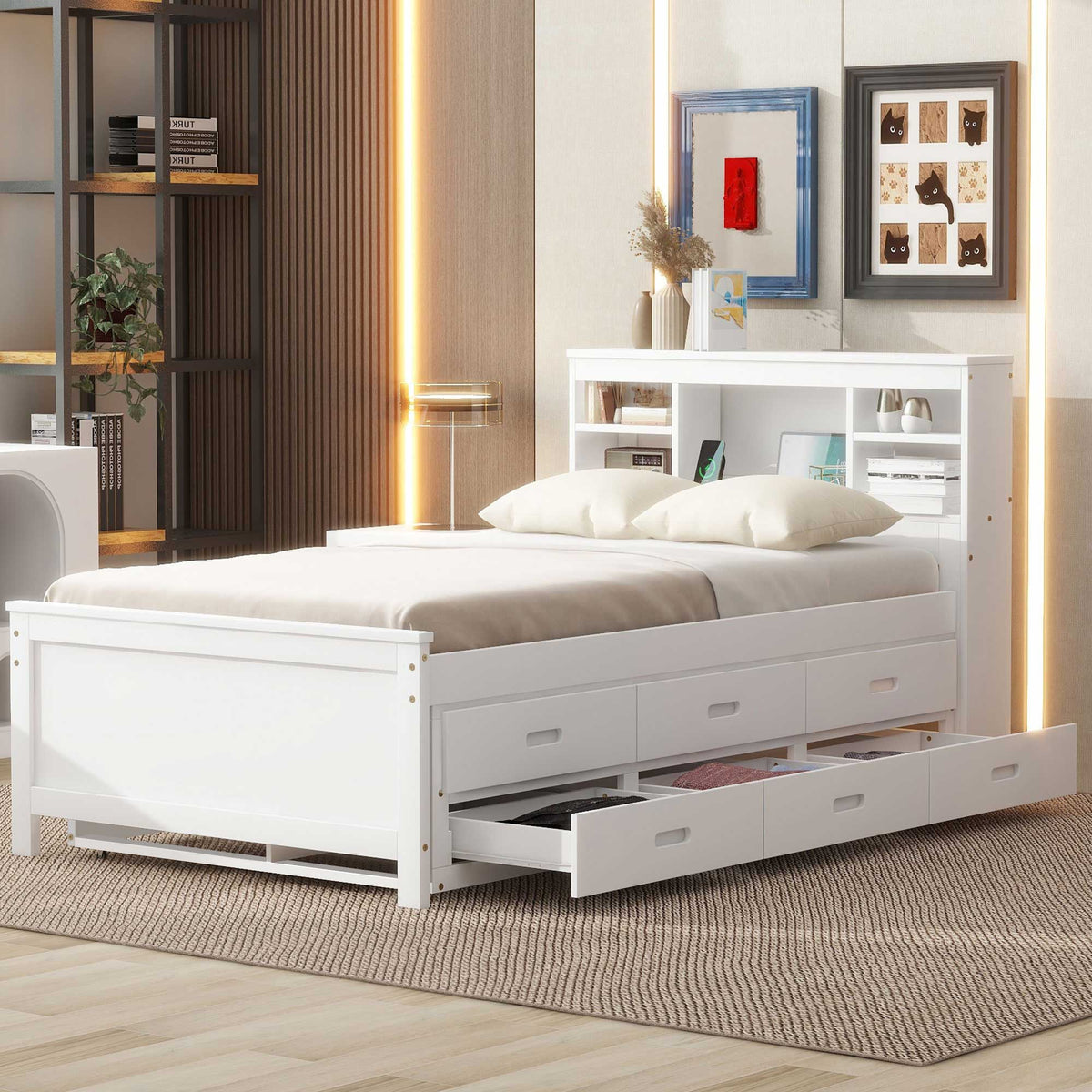 Platform Bed with Storage Headboard, USB, Trundle & 3 Drawers - Twin or Full