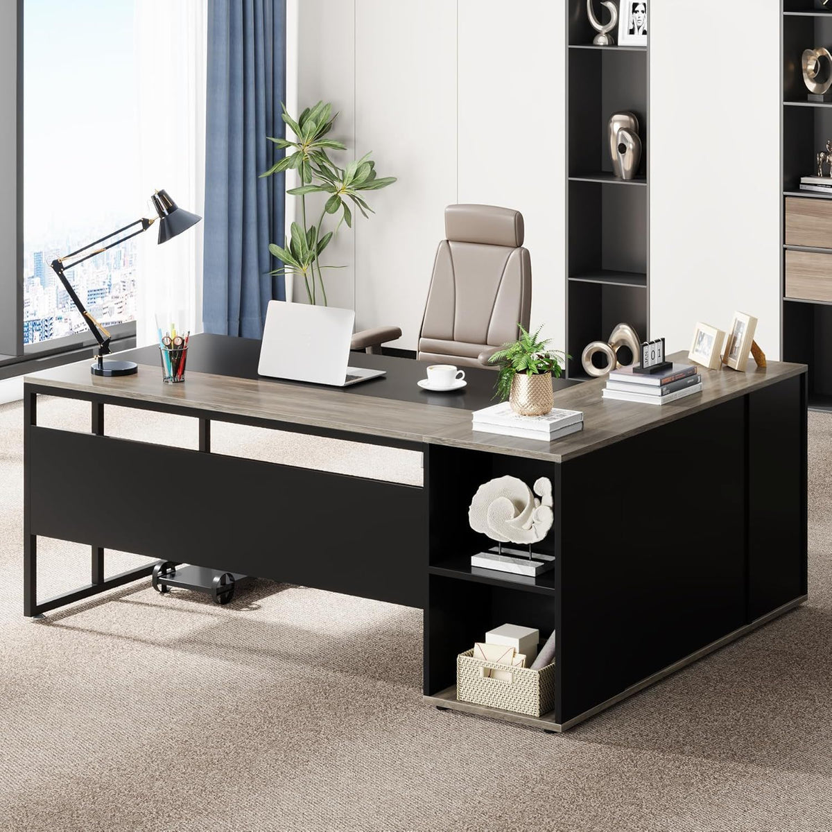 L-Shaped Executive Desk with Cabinet Storage - Dark Gray or Black