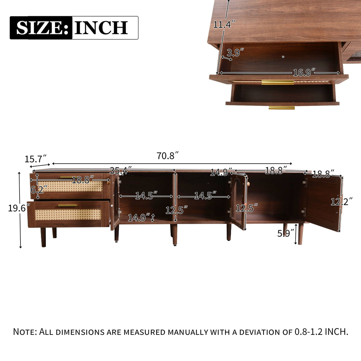 TV Stand With 3 Cabinets & 2 Drawers with LED Light - Dark Brown