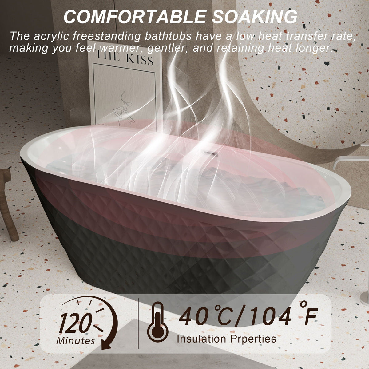 Freestanding Bathtub with Diamond Pattern Design - White or Black