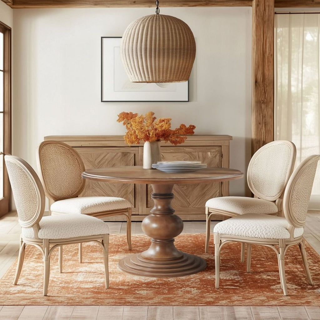 Walnut Round Pedestal Dining Table with Diamond Veneer Top