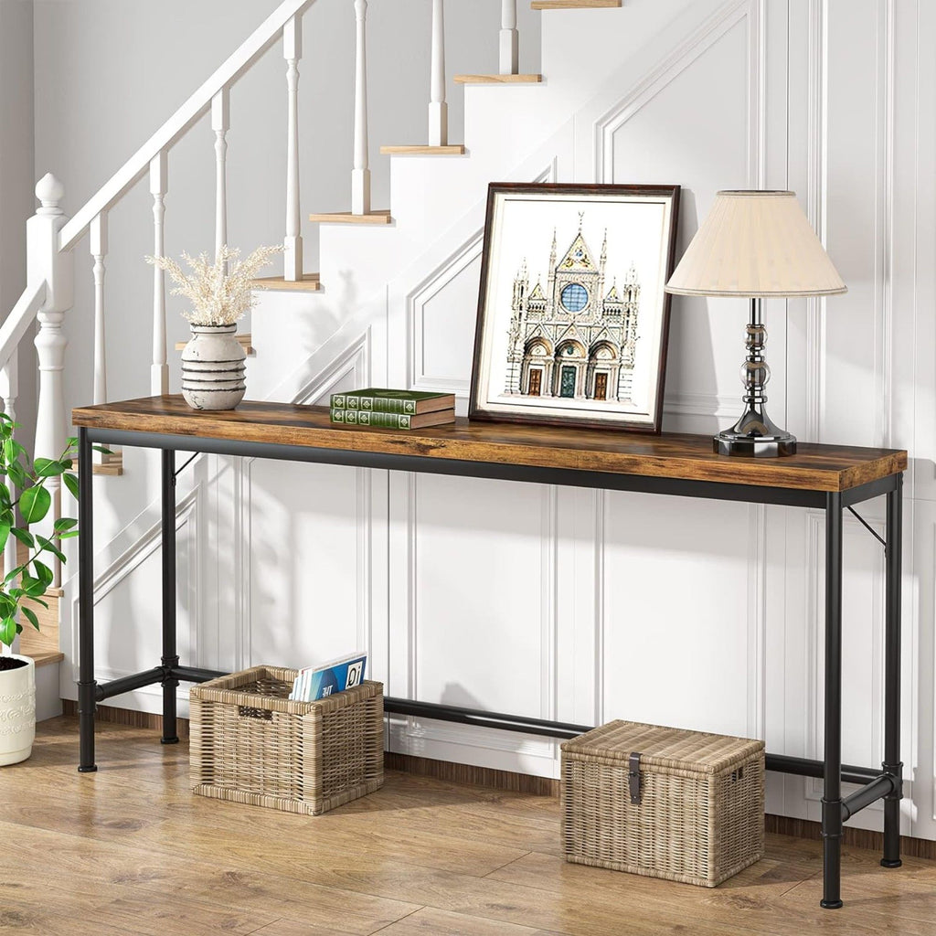 Extra Long Console Table with Industrial Bar-Height - Brown / Black