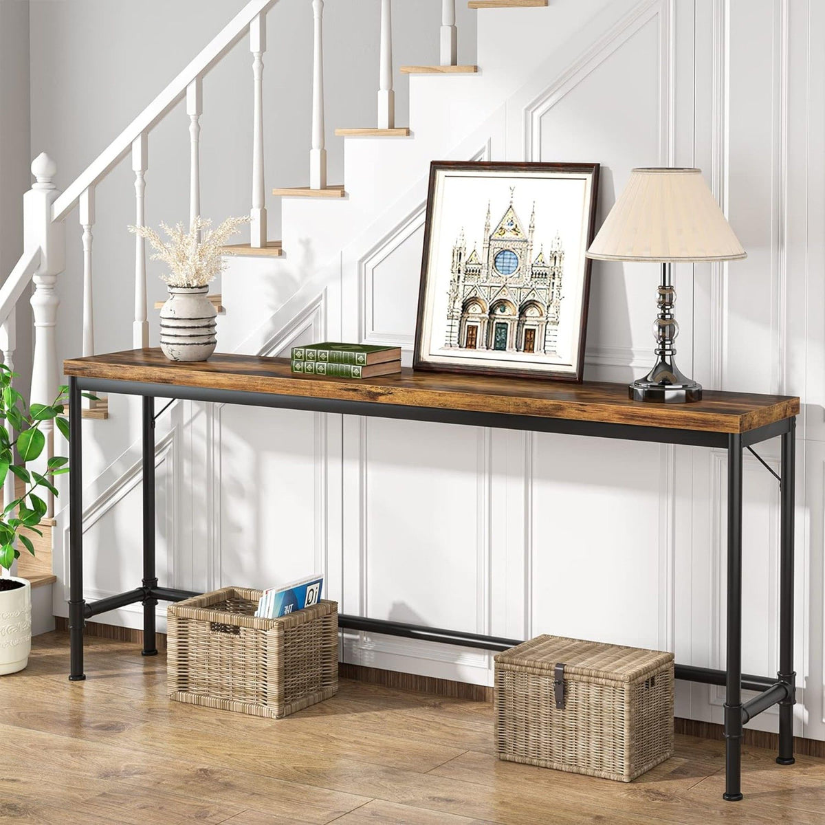 Extra Long Console Table with Industrial Bar-Height - Brown / Black