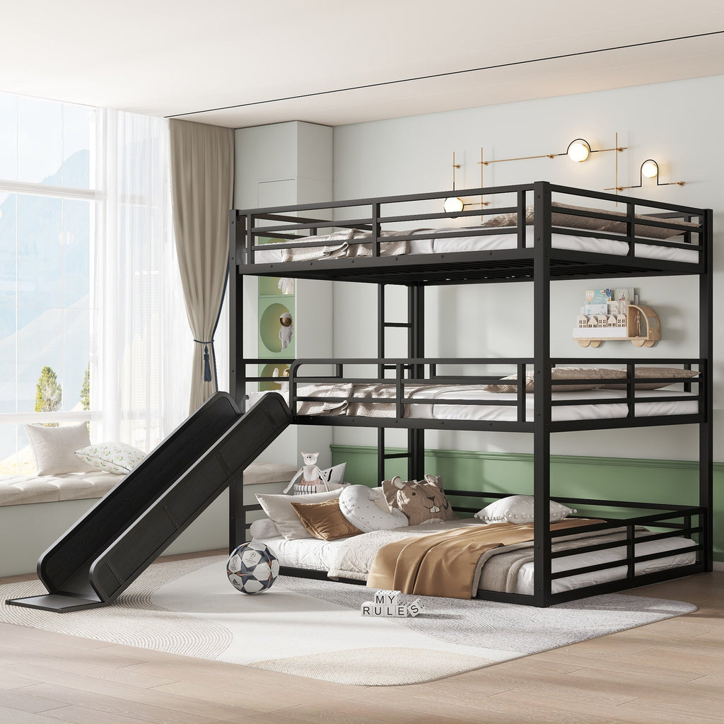 Queen Over Queen Triple Bunk Bed with Slide - Metal Frame