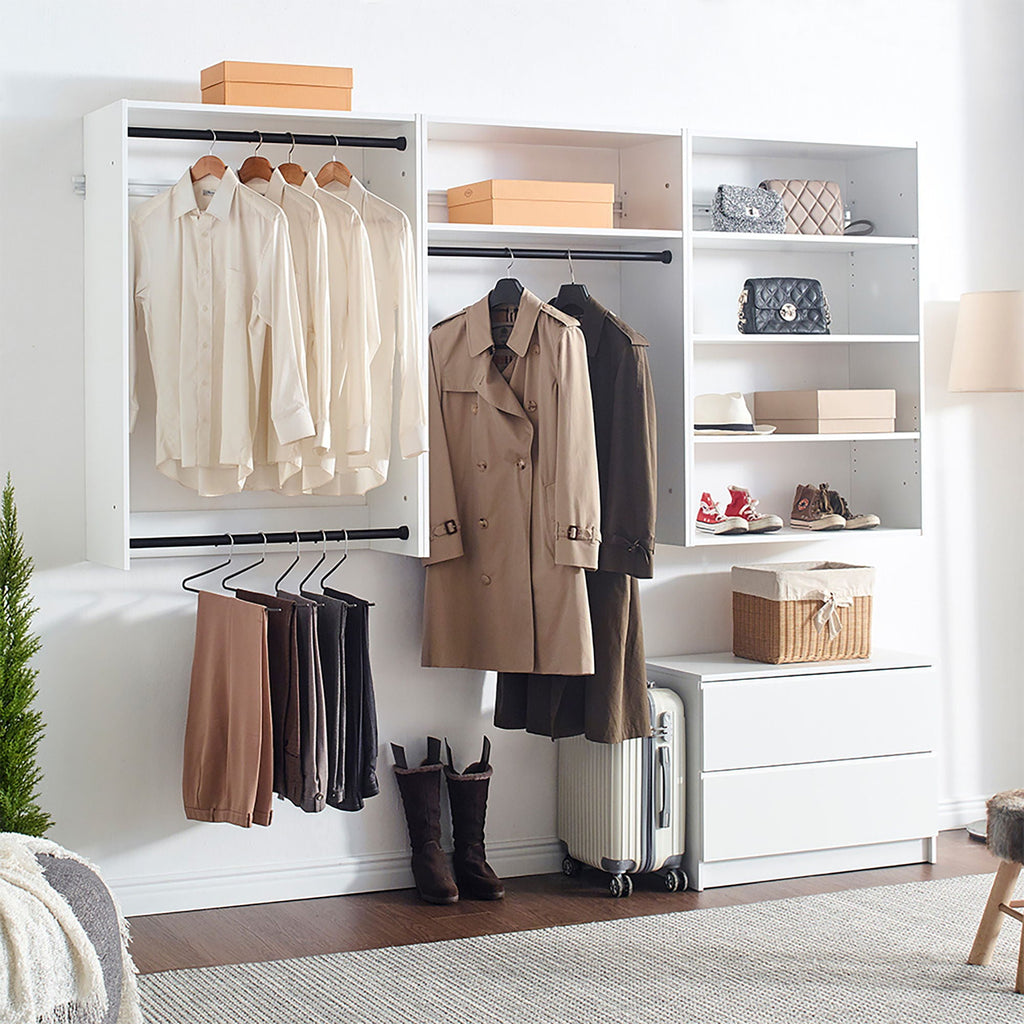 Wall Mounted Wood Closet System with Modular Units – White or Light Brown