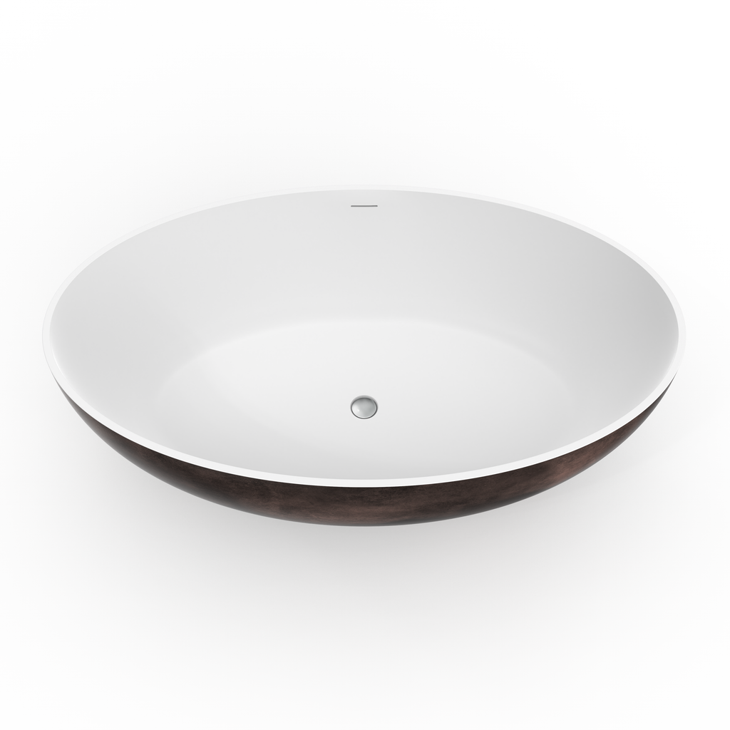 67 Inch Freestanding Solid Surface Soaking Bathtub with Matte Finish - White+Walnut or Black