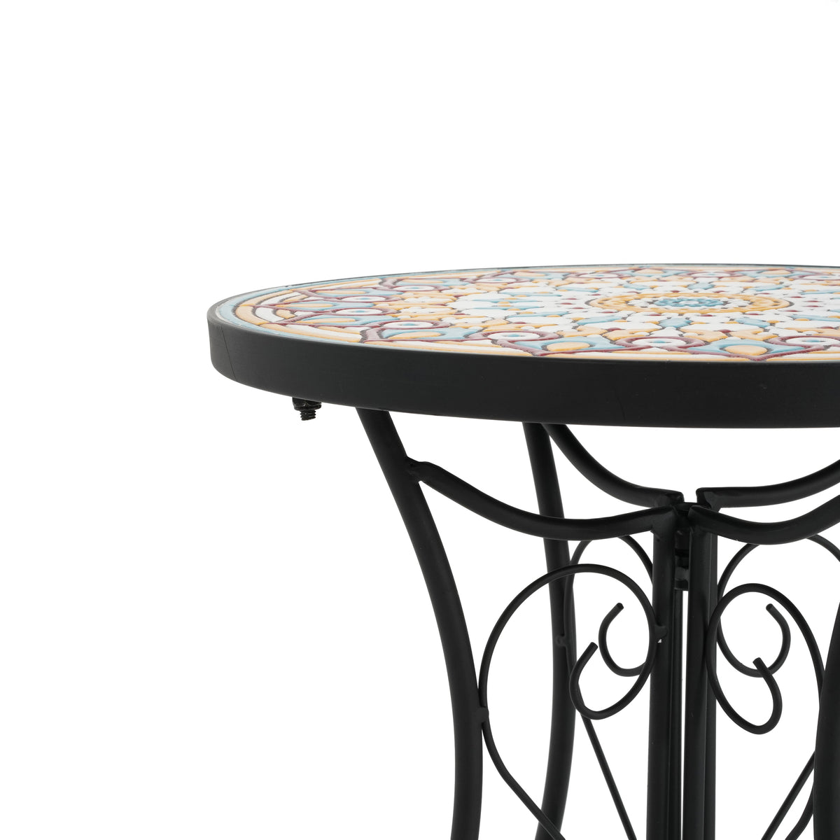 Round Ceramic Outdoor Side Table with Colorful Tile Top - Black