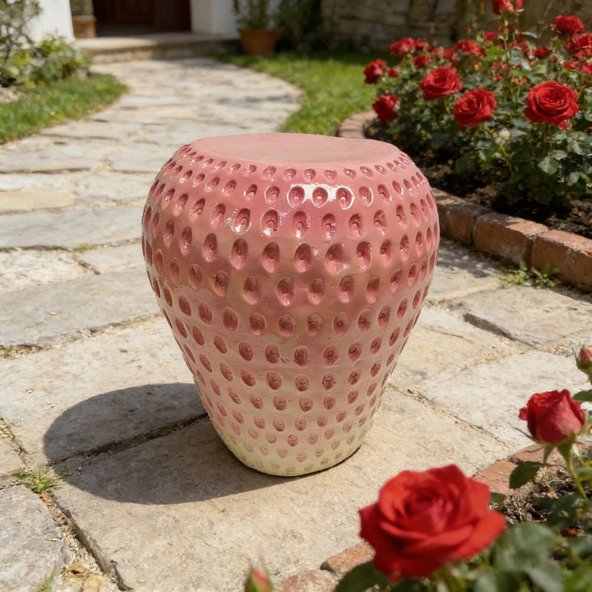 Strawberry Fruit Stool with Durable Resin Construction - Pink or Red