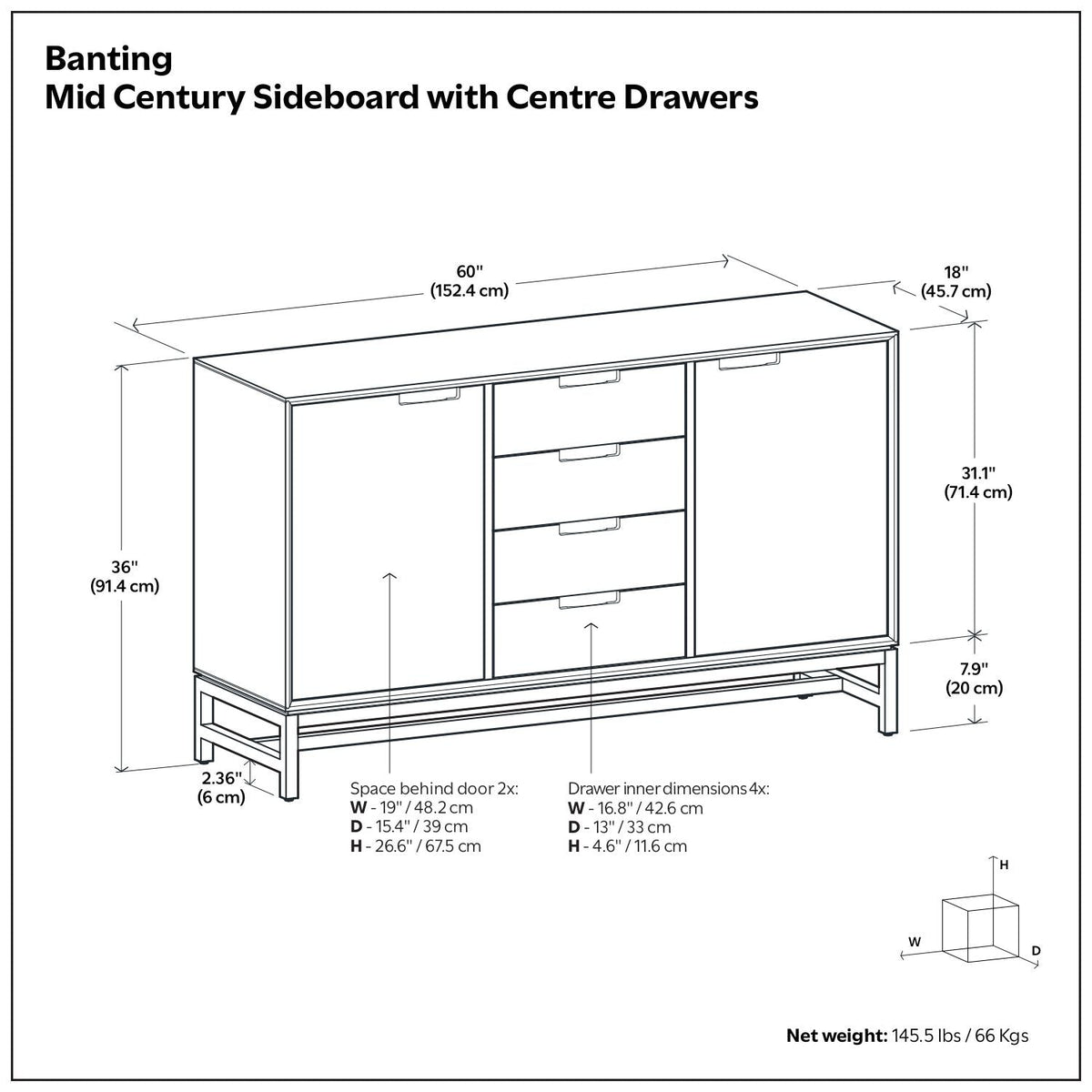 Banting Sideboard With Centre Drawers – Oak Finish
