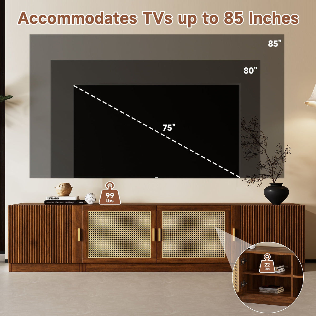 TV Stand, Media Console With Adjustable Shelves - Walnut