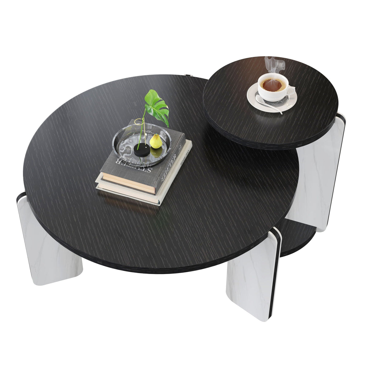 Round Coffee & End Table Set with Sintered Stone Legs - Black