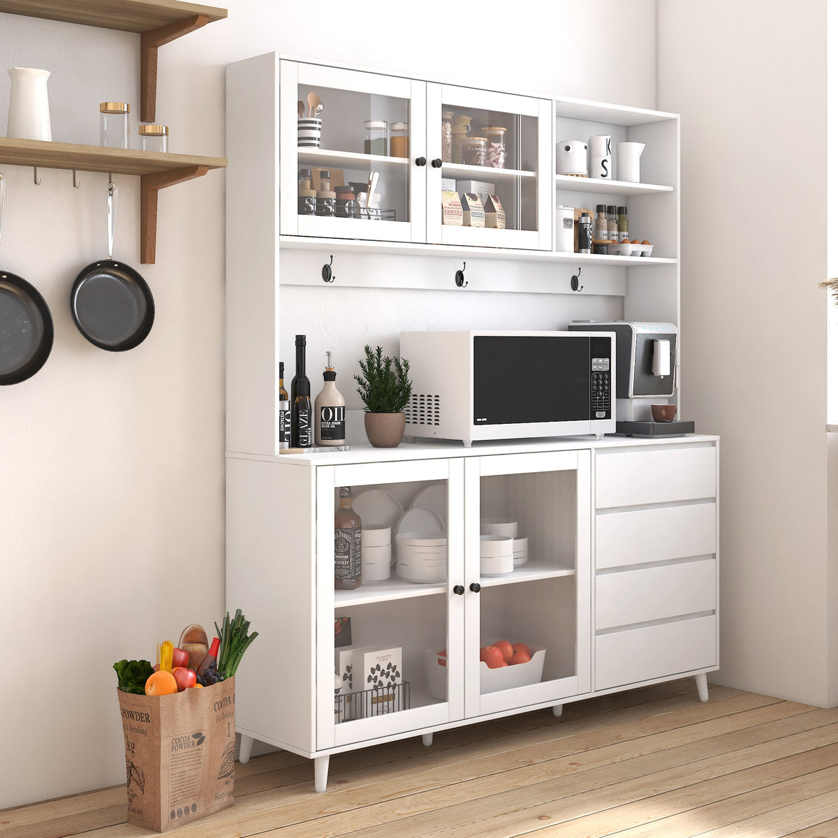 63" W Large Kitchen Hutch Cabinet with Storage Shelves and Drawers - White