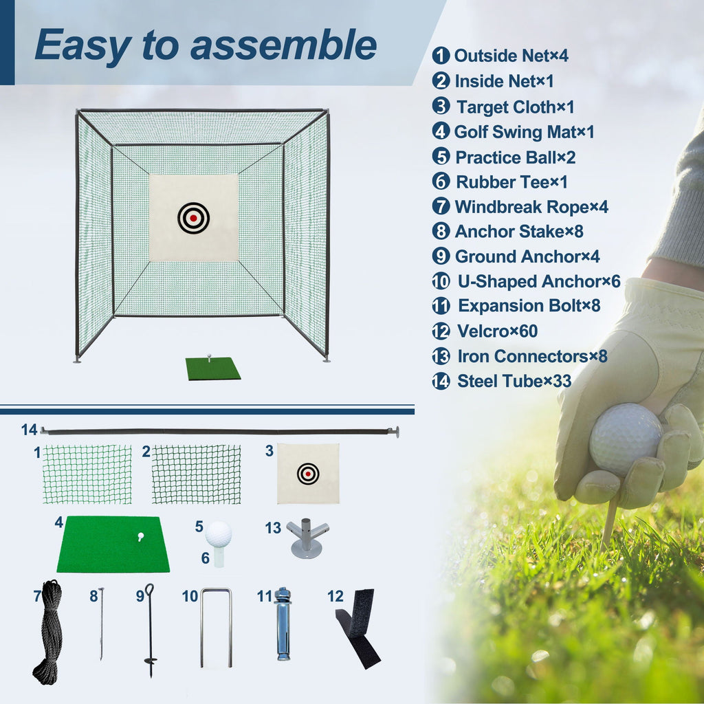 Golf Practice Net Cage with Metal Frame Hitting Net Kit - Black