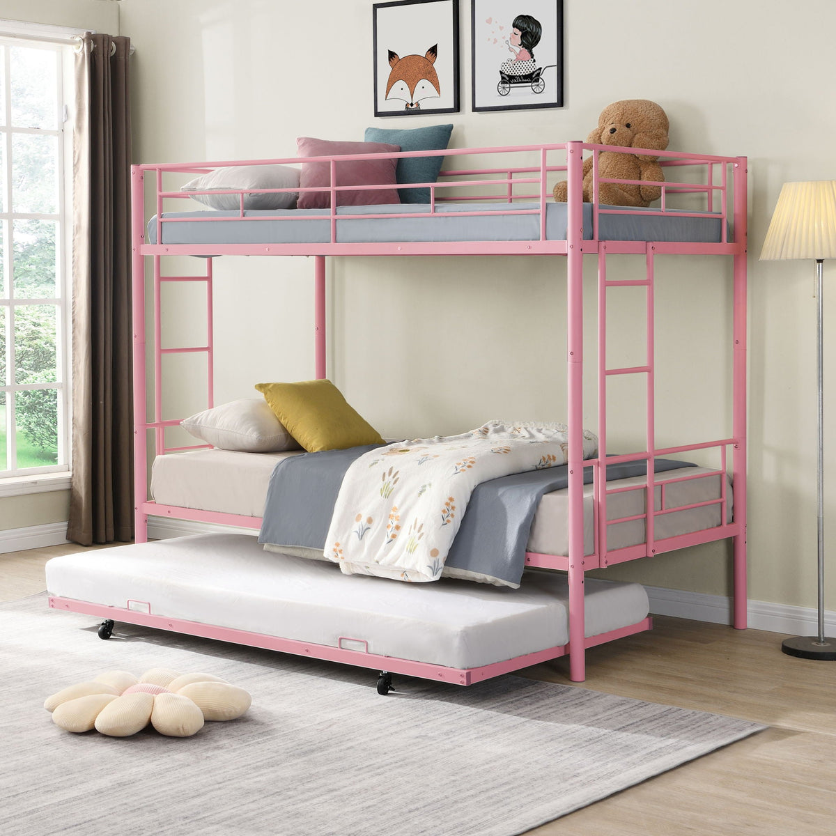 Twin Over Twin Bunk Bed with Trundle - Sturdy Metal Frame - Pearl Silver, White, or Pink