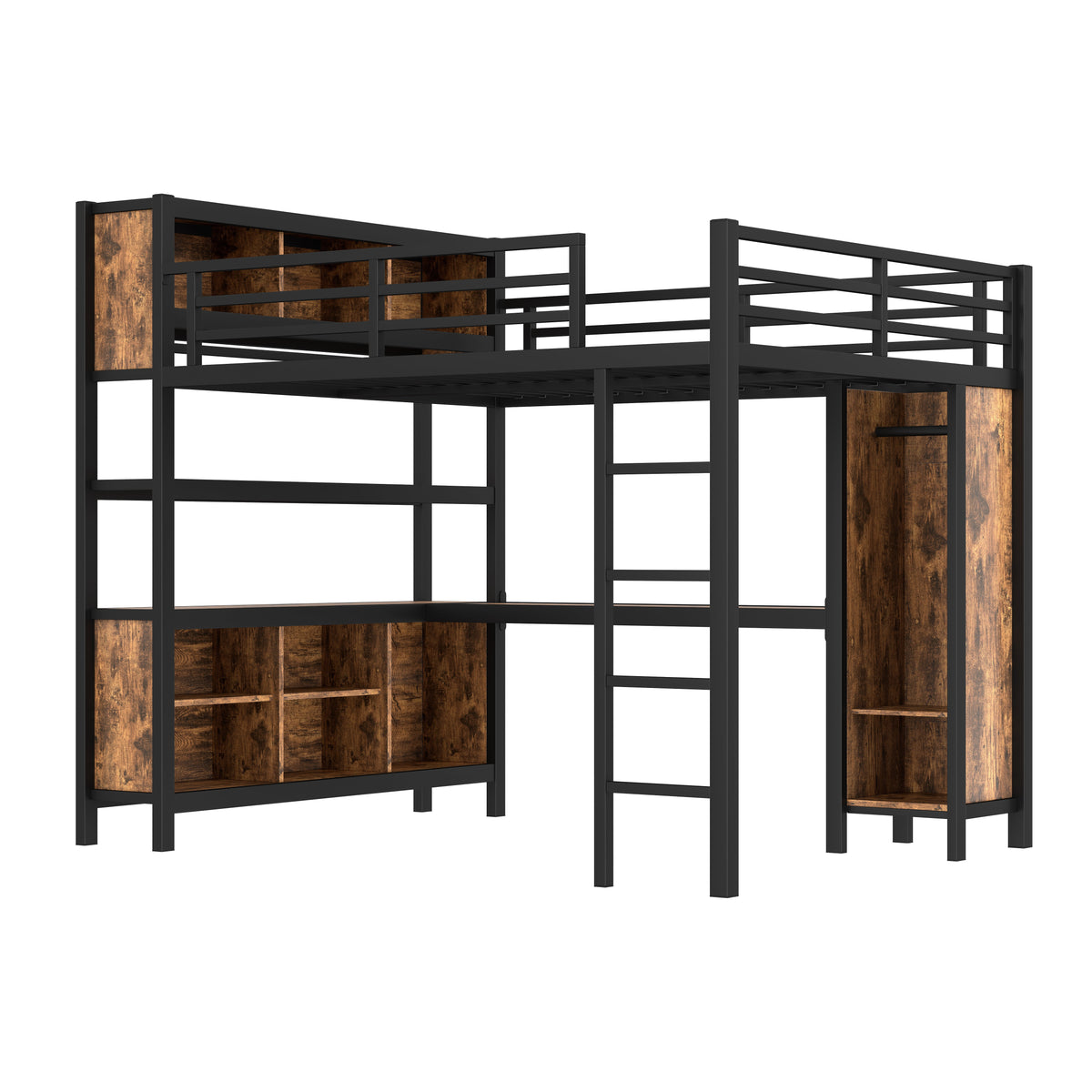 Metal Loft Bed with L-Shaped Desk and Wardrobe - Queen Size