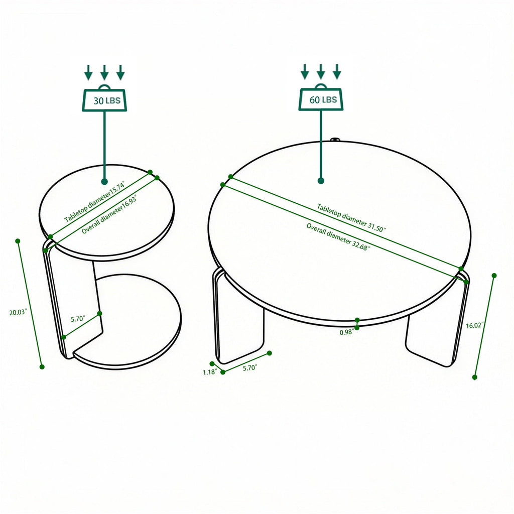 Round Coffee & End Table Set with Sintered Stone Legs - Black
