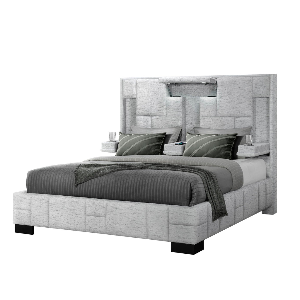 Yaris Upholstered Bed with Wireless Charging and LED Lights - Gray or Blue