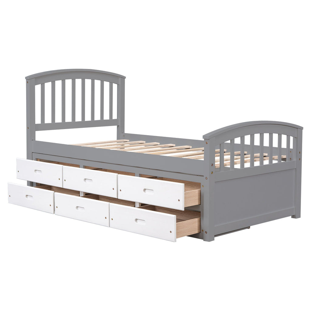 Solid Wood Twin Storage Bed with 6 Drawers - Multiple Colors