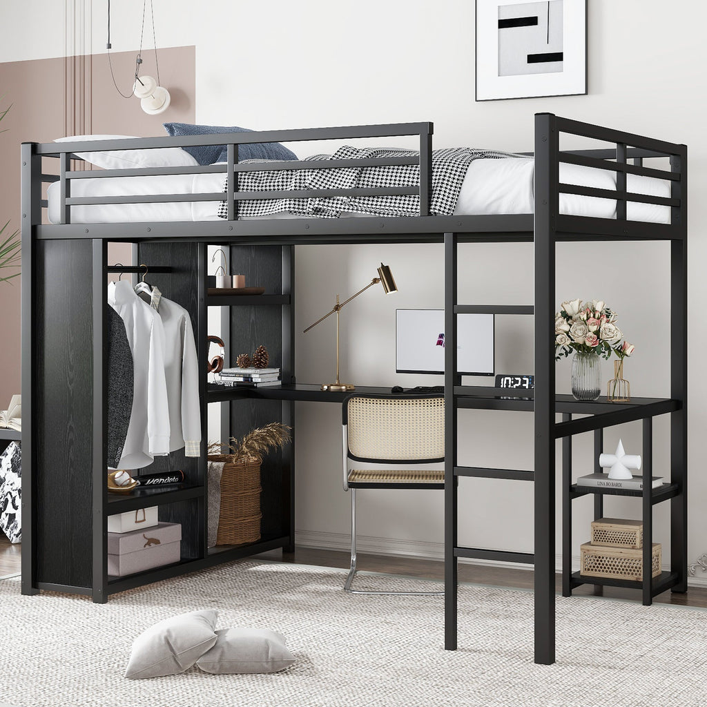 Full Size Loft Bed with Built-in Wardrobe and Desk