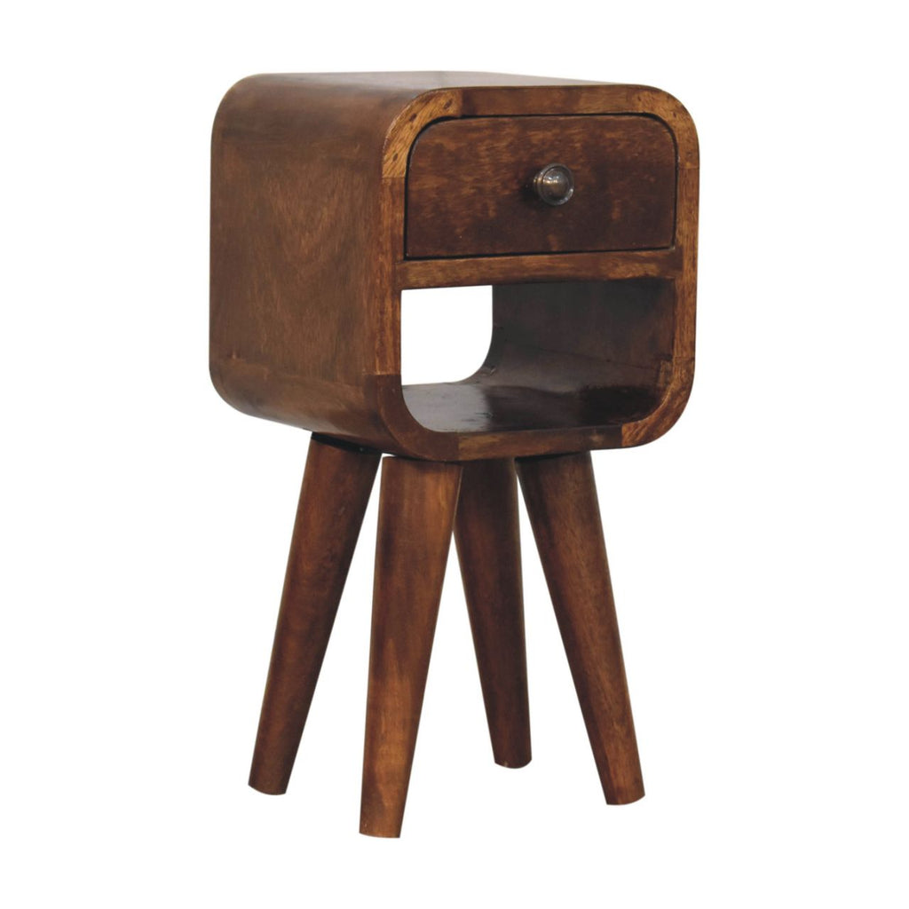 Solid Wood Extra Mini Nightstand with Curved Lower Shelf - Chestnut