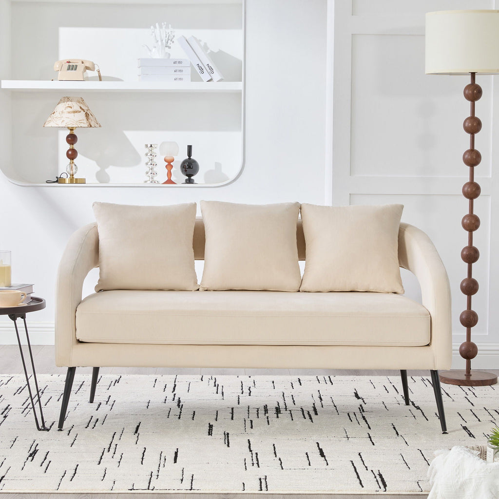 Open Back Loveseat Settee with 3 Pillows - Beige, Dark Green, or Dark Gray
