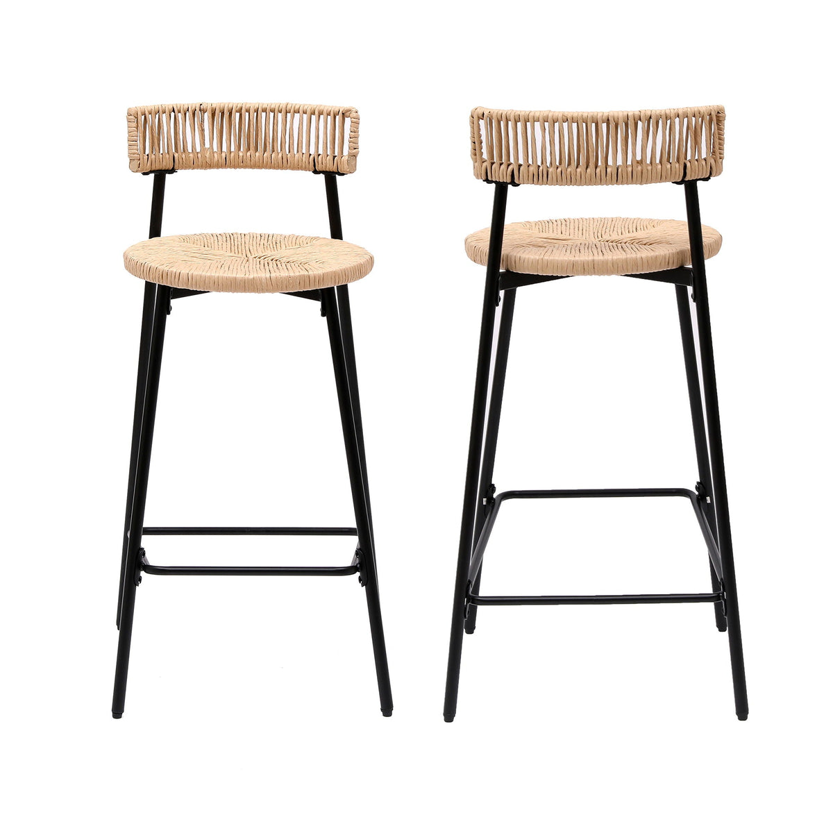 Boho Style Handwoven Paper Rope Counter Stools with Rubber Wood Frame - Light Brown or Beige