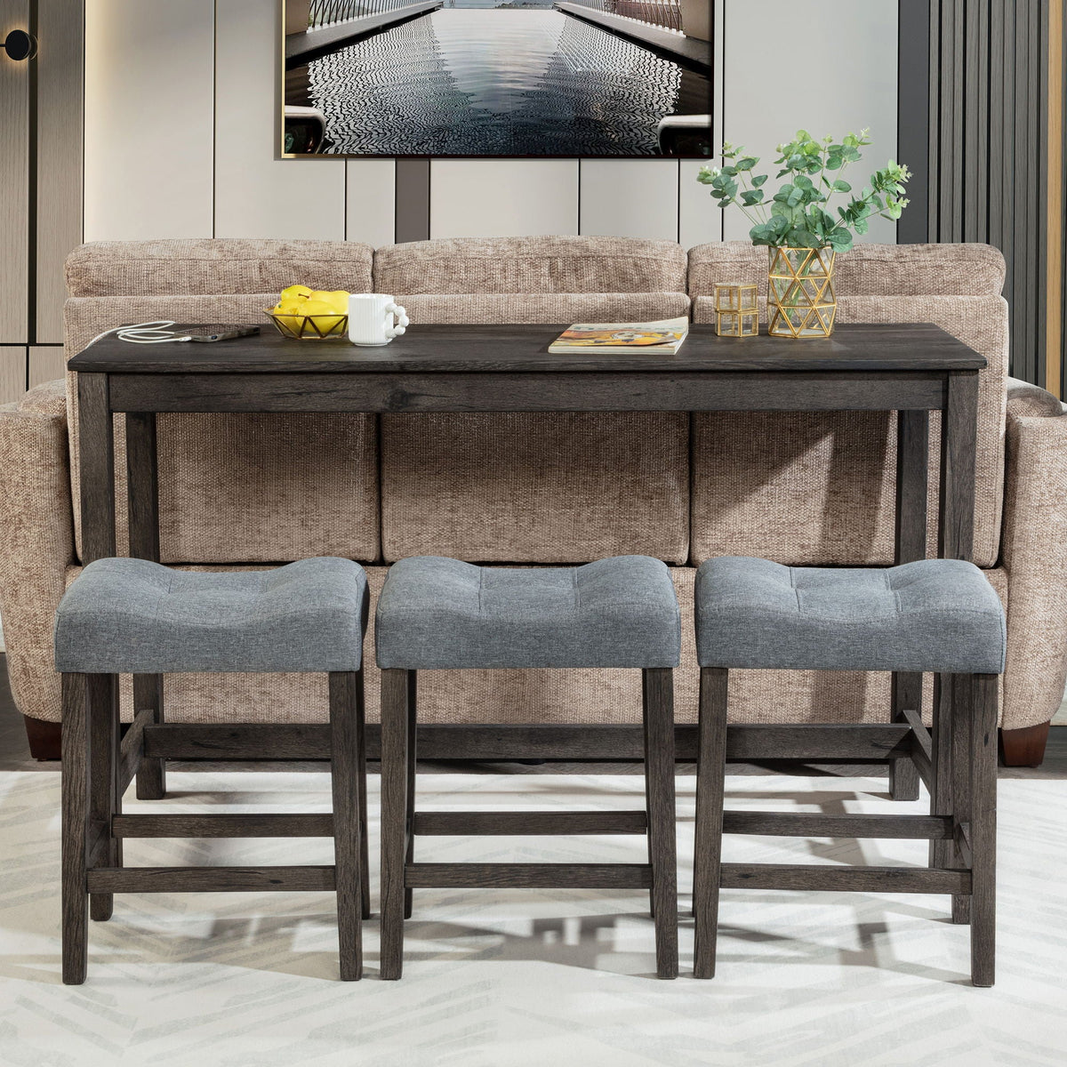 4 Piece Bar Table Set with Power Outlet and 3 Padded Stools - Light Brown or Dark Gray