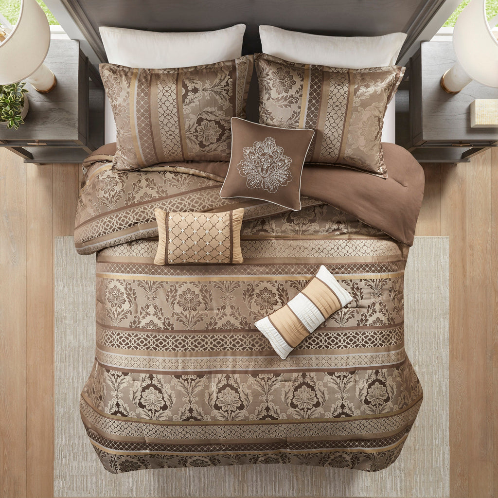 Jacquard Comforter Set with Decorative Pillows - Brown/Gold, Queen, 7 Piece
