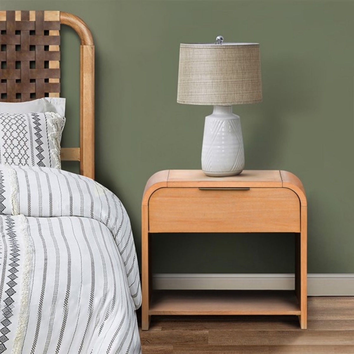 1 Drawer Waterfall Nightstand with Mid Century Design - Natural