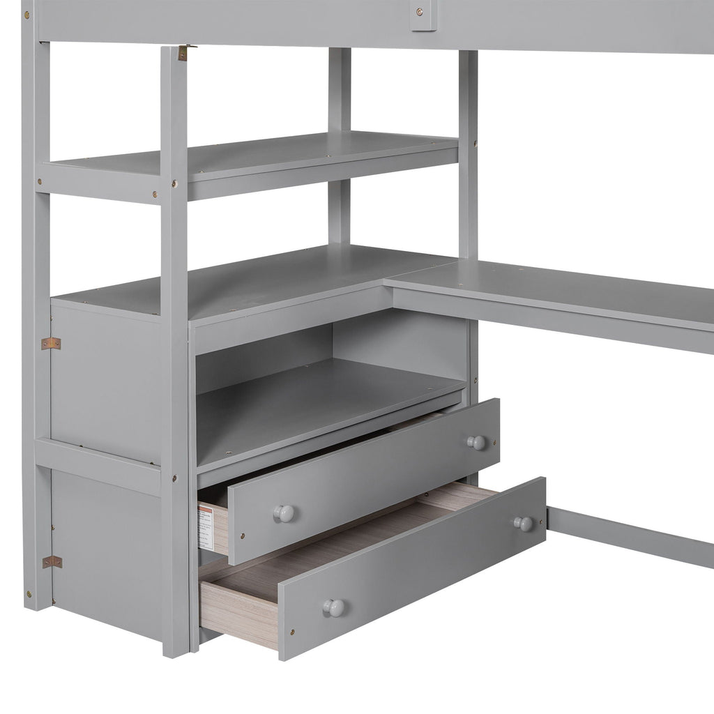 Loft Bed with Desk and Storage Staircase - Full or Twin, White or Gray