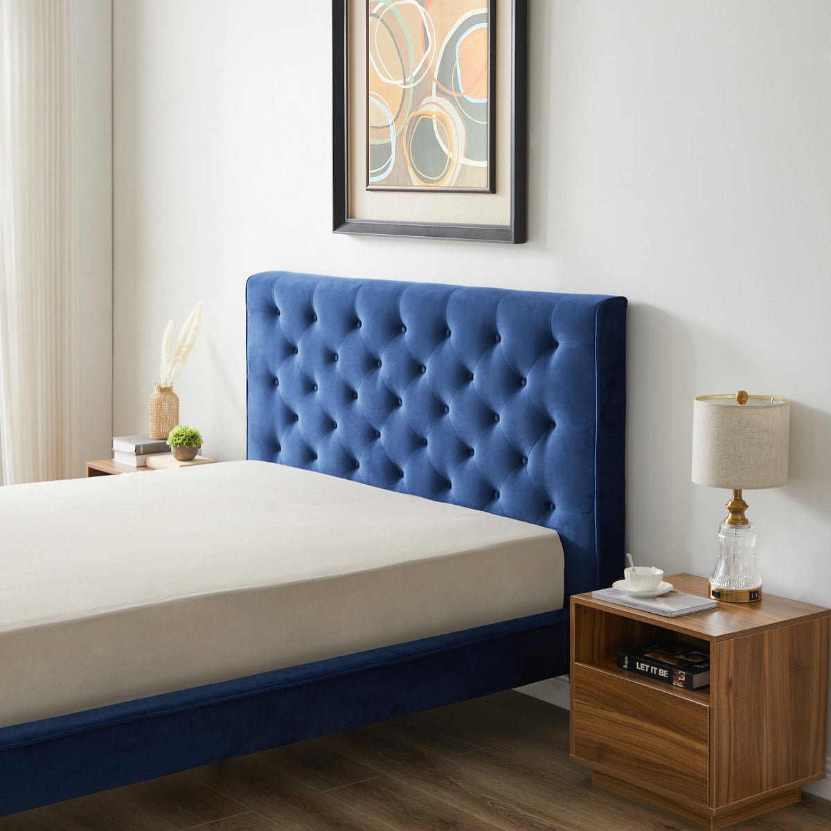 Mid-Century Platform Bed with Tufted Headboard - Blue