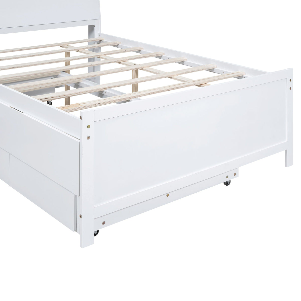 Full Size Platform Bed with Storage LED Headboard and Twin Trundle - White