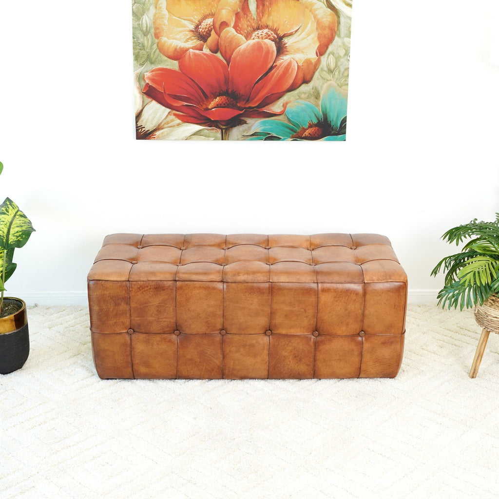 Tan Upholstered Bench with Solid Wood Frame - Genuine Leather