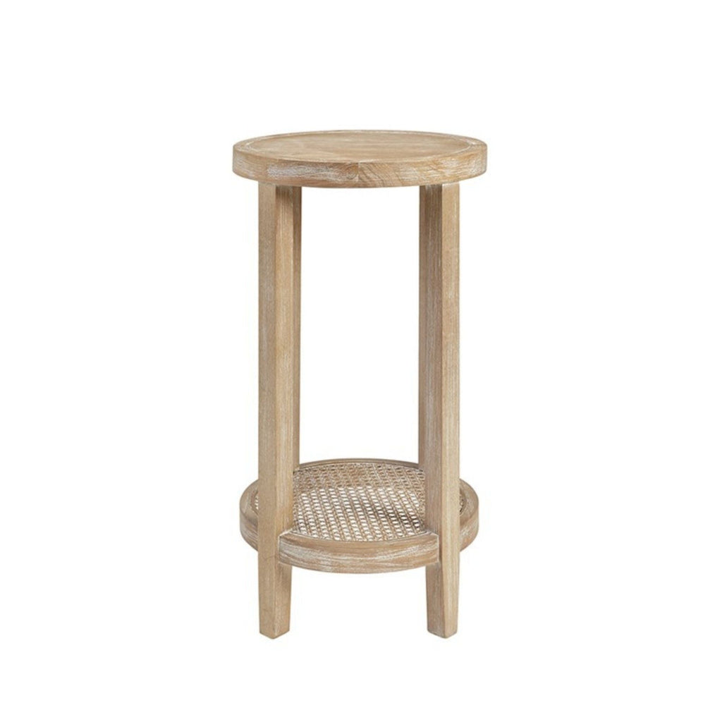 Reclaimed Wheat Round Accent Table with Rattan Cane Shelf
