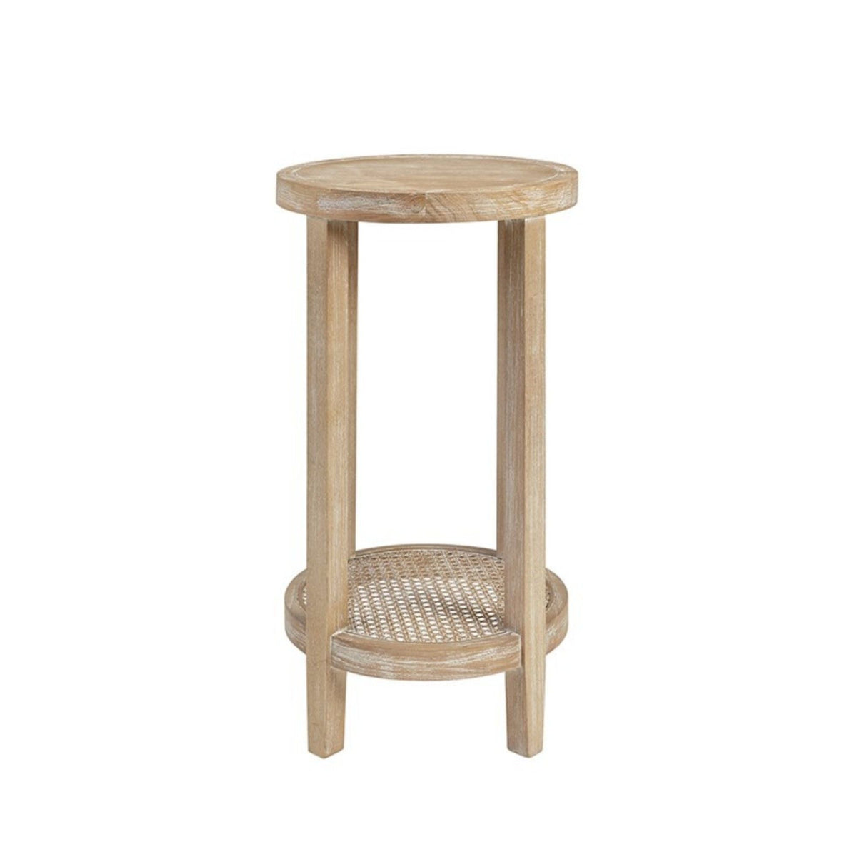 Reclaimed Wheat Round Accent Table with Rattan Cane Shelf