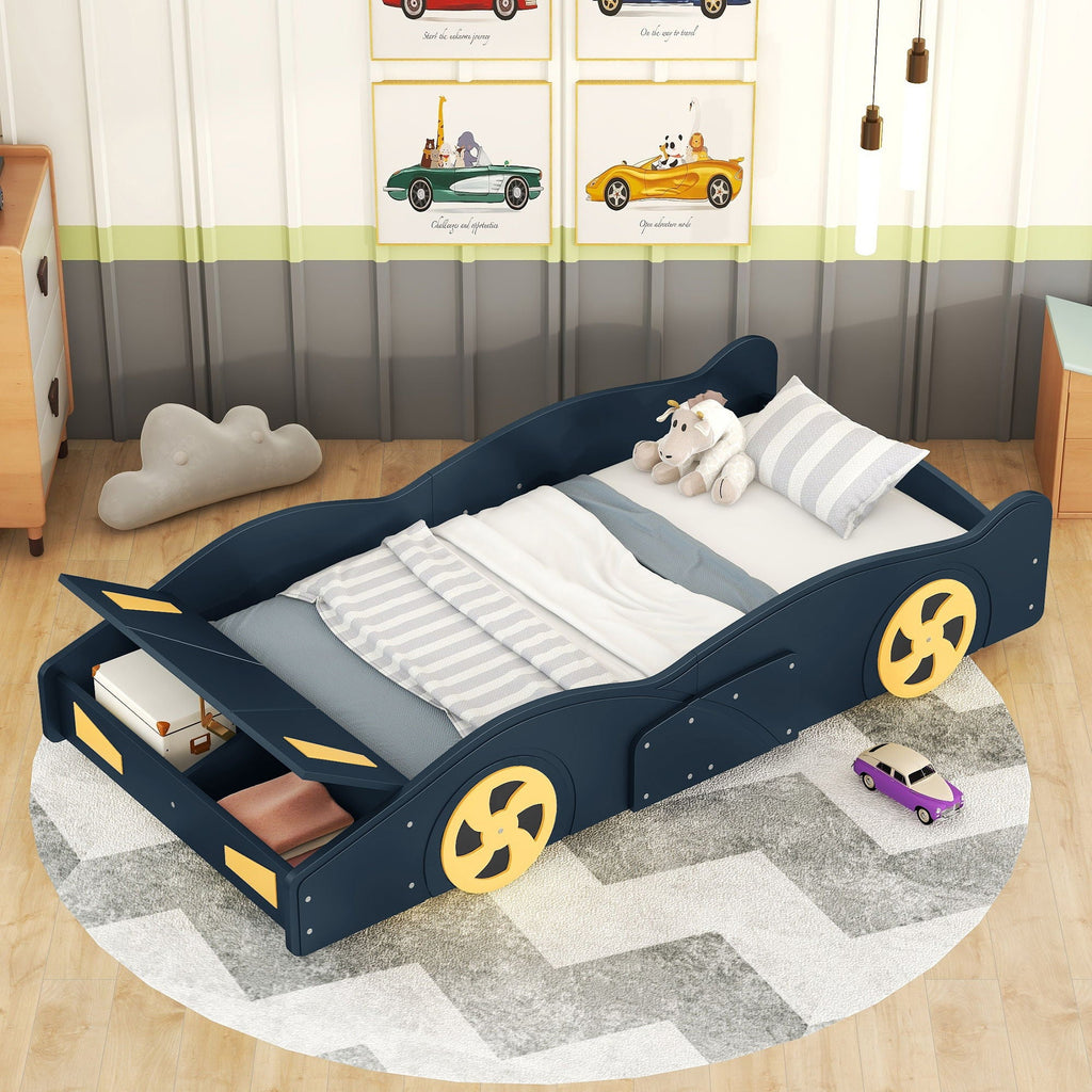 Race Car Platform Bed with Storage and Wheels - Black or Blue
