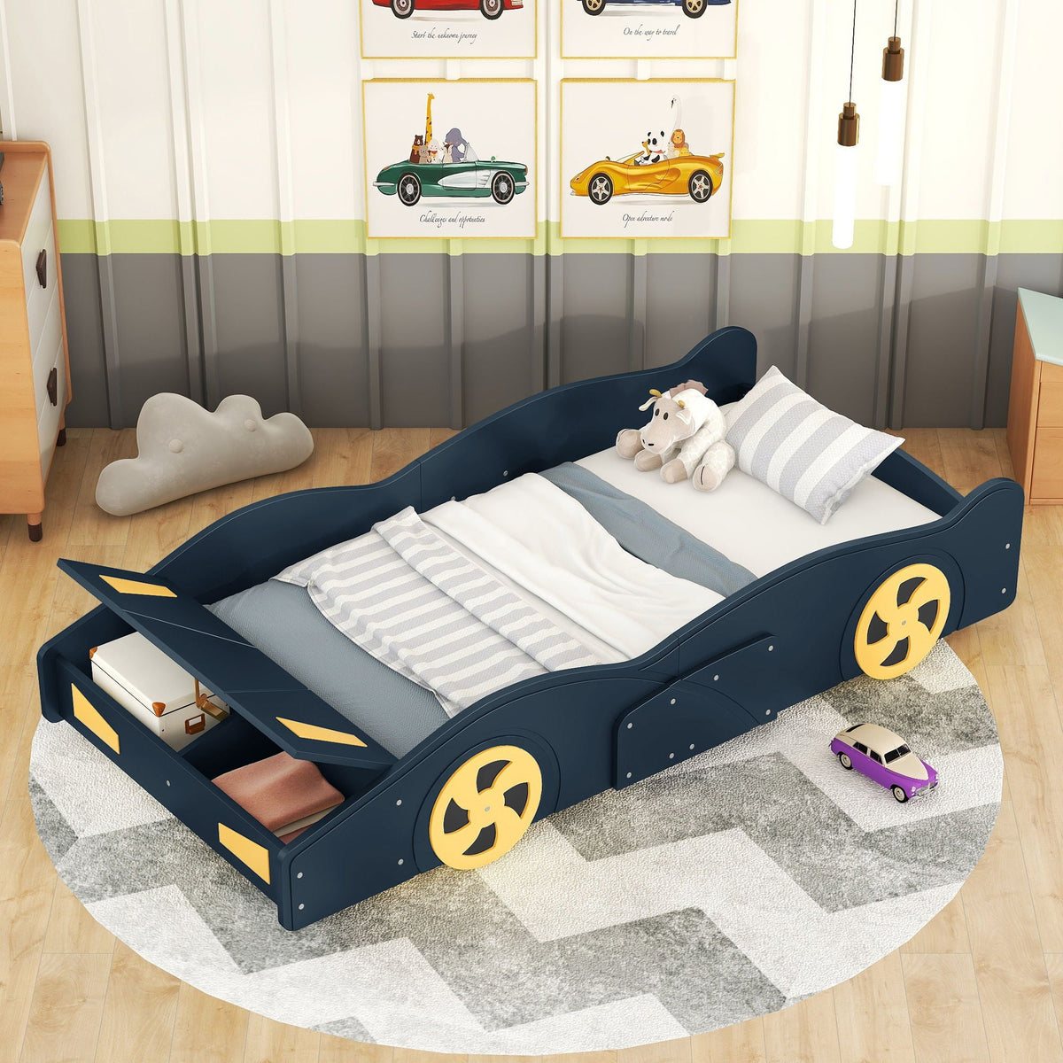 Race Car Platform Bed with Storage and Wheels - Black or Blue
