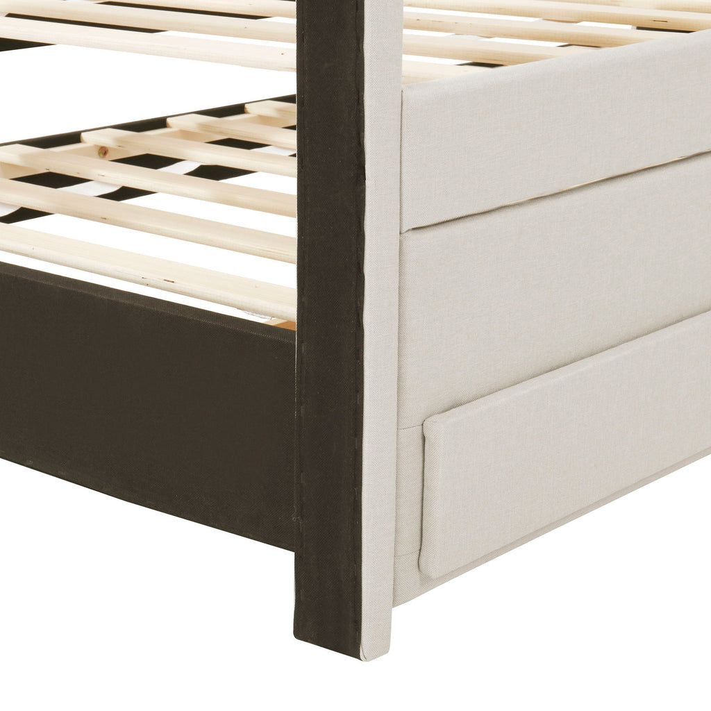 Upholstered Platform Bed with Twin Size Trundle and 3 Drawers - Beige, Full
